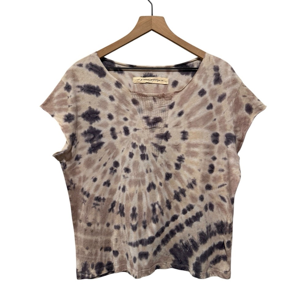 Raquel Allegra Tie Dye Top Sz 3 L Purple White Boho Artsy Lagenlook Short Sleeve